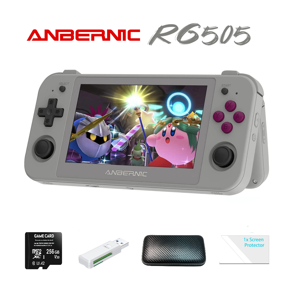 Anbernic RG505【Buy 1 Get 1 Game Card(256GB)+Card Reader+5 Customized Games+1 Fancy Case+1 Screen Protector+1 Type-C Cable+USB Card Reader】Handheld Game Console 4.95’’ OLED Touch Screen Android 12 System Unisoc Tiger T618 Google Play Store and 26 Emulators