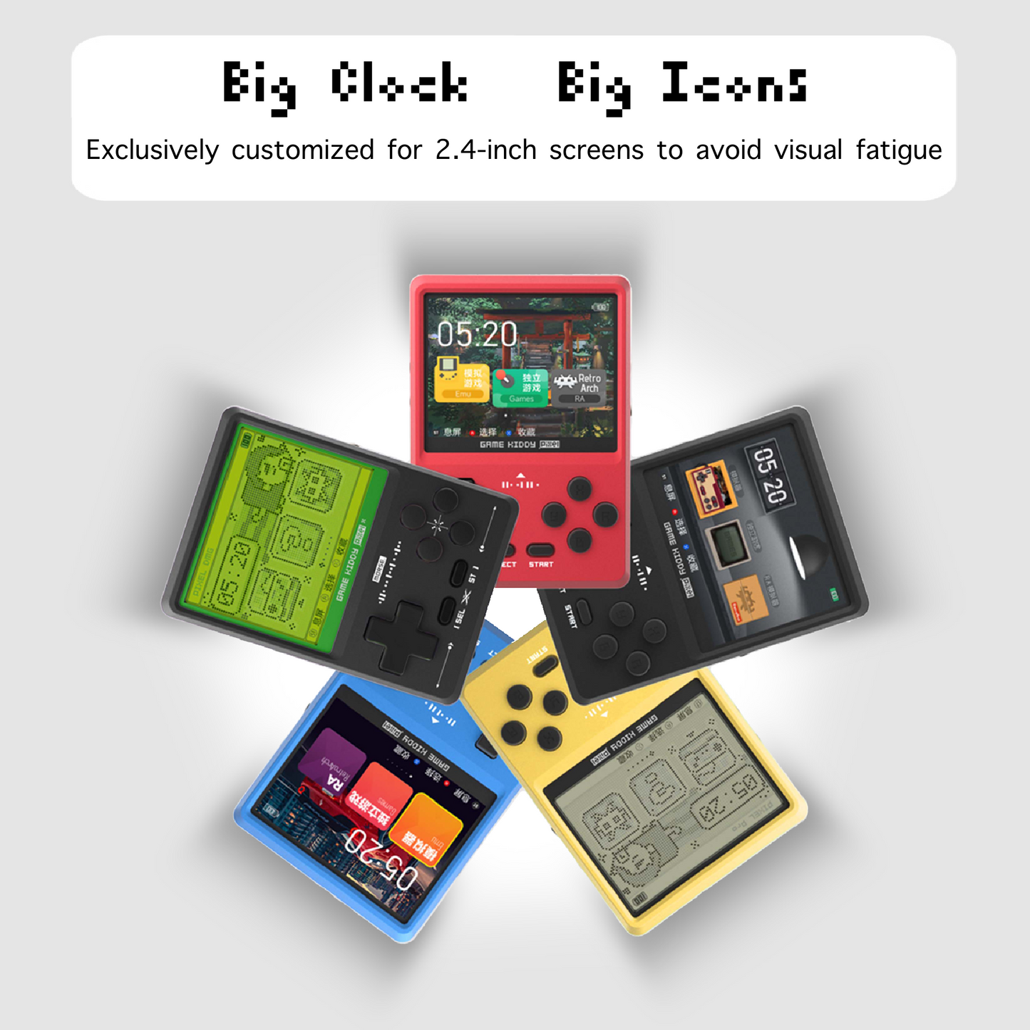 GKD Pixel Handheld Game Console Alloy CNC Body 2.4’’ IPS Screen IUX  Ingenic X1830 128MB DDR2 RAM  Battery 1300mAh Four-Level Power Indicator  Multimedia Media Video Player KeyChain over 34 Emulators with 10K games pre-installed