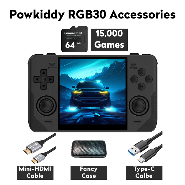 【Super Bundle】Powkiddy RGB30【Buy 1 Get 1 HDMI Cable+1 Fancy Case+1 Type-C Cable】 Handheld Game Console 4-inch HD Screen RK3566 CPU WiFi 5G JEL OS Bluetooth Over 23 Emulators with over 21000 games pre-installed