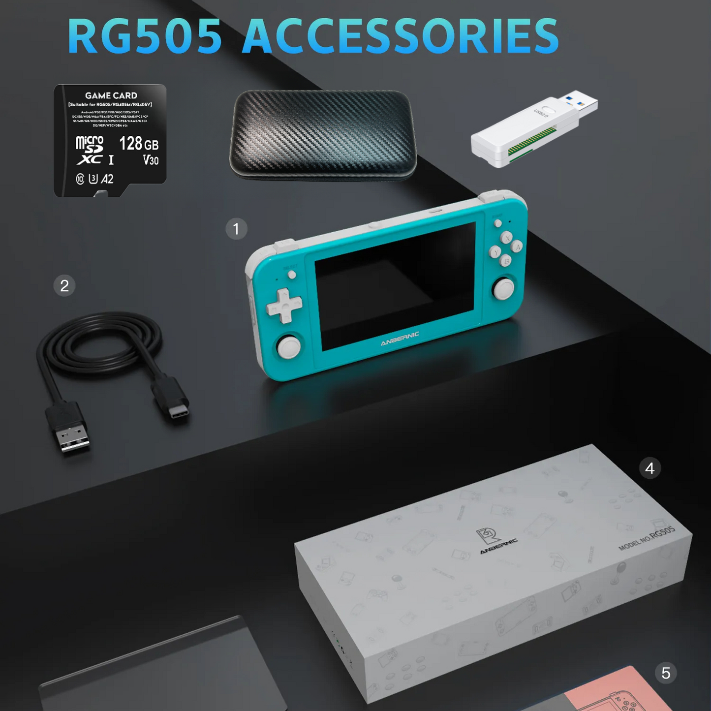 Anbernic RG505【Buy 1 Get 1 Game Card(256GB)+Card Reader+5 Customized Games+1 Fancy Case+1 Screen Protector+1 Type-C Cable+USB Card Reader】Handheld Game Console 4.95’’ OLED Touch Screen Android 12 System Unisoc Tiger T618 Google Play Store and 26 Emulators