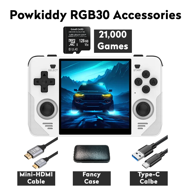 【Super Bundle】Powkiddy RGB30【Buy 1 Get 1 HDMI Cable+1 Fancy Case+1 Type-C Cable】 Handheld Game Console 4-inch HD Screen RK3566 CPU WiFi 5G JEL OS Bluetooth Over 23 Emulators with over 21000 games pre-installed