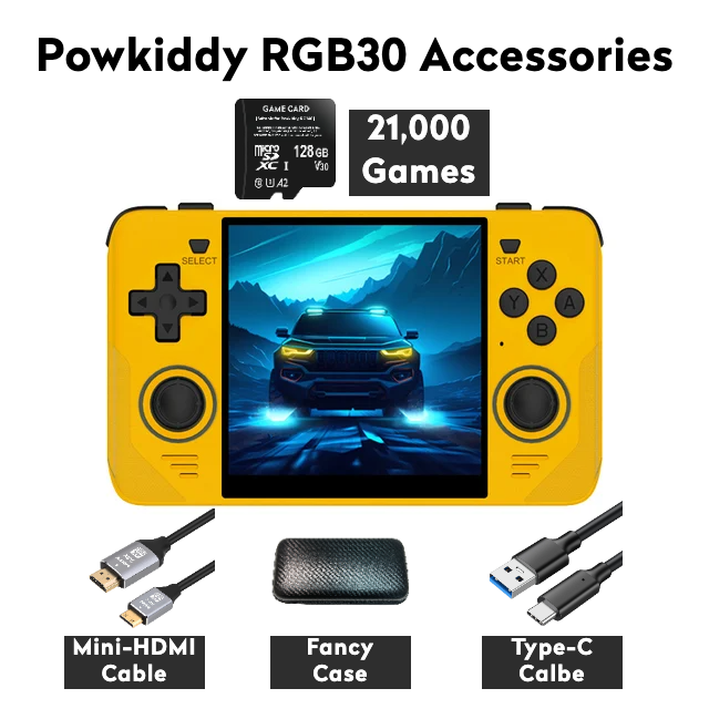 【Super Bundle】Powkiddy RGB30【Buy 1 Get 1 HDMI Cable+1 Fancy Case+1 Type-C Cable】 Handheld Game Console 4-inch HD Screen RK3566 CPU WiFi 5G JEL OS Bluetooth Over 23 Emulators with over 21000 games pre-installed