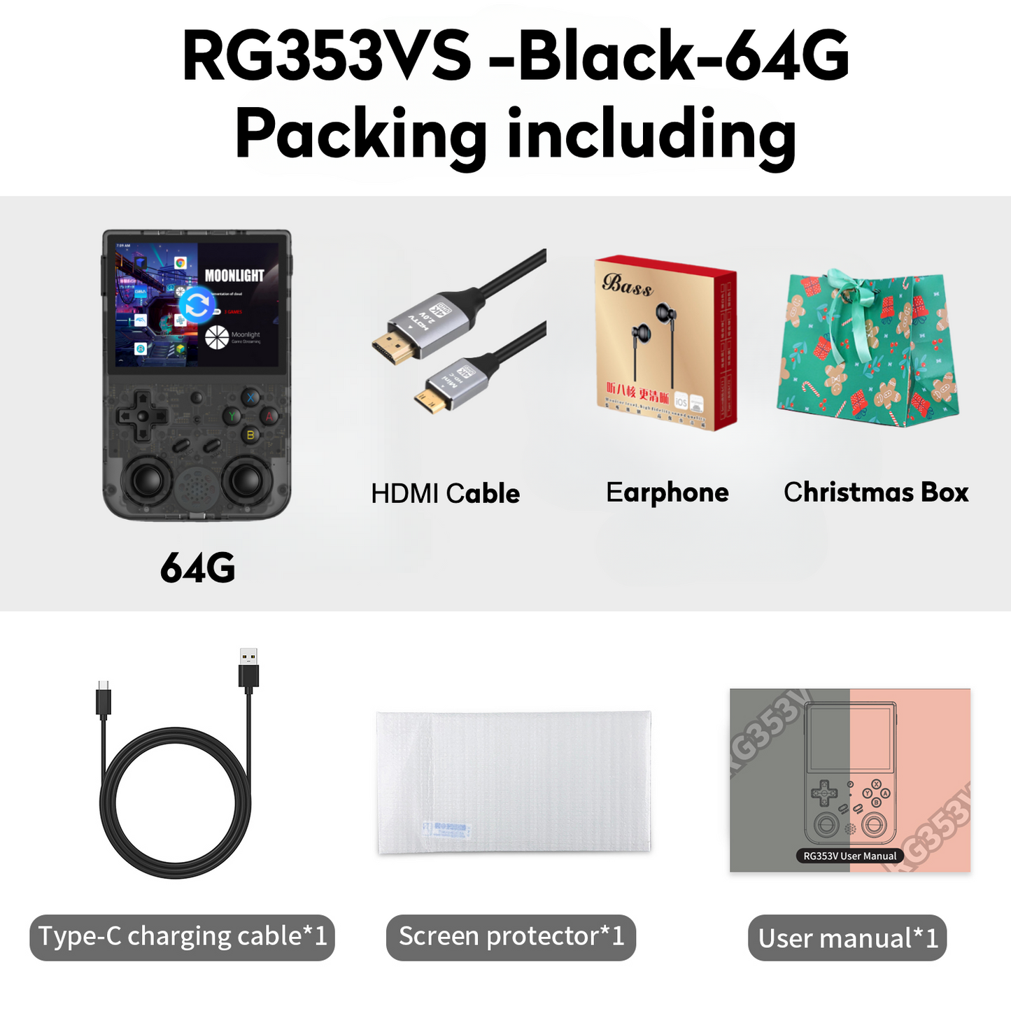 【Super Value Bundle】Anbernic RG353VS【HDMI Cable+Fancy Case+Screen Protector+Type-C Charging Cable 】Handheld Game Console 3.5-Inch IPS Screen Linux System Supports 5G WiFi 4.2 Bluetooth Online Fighting Streaming and HDMI, Over 27K Games Playable