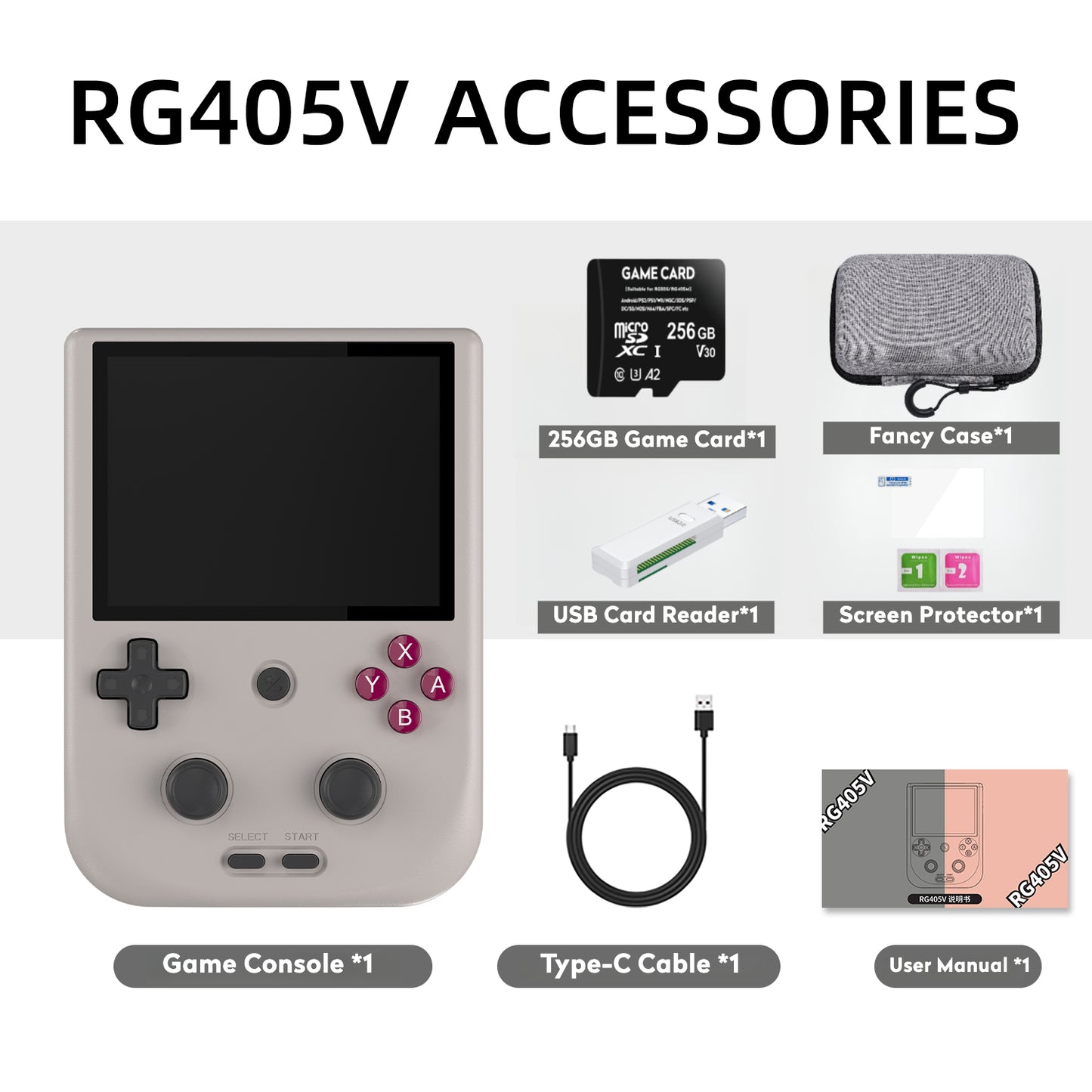 【Excellent Bundle】RG405V【Buy 1 Get 1Game Card(256G)+10 Customized Games+1 Card Reader+1 Fancy Case+1 Screen Protector+1 Type-C Cable】Handheld Game Console 4” IPS Touch Screen Android 12 T618 5500mAh 5G WiFi BT Heat Dissipation Over 22K Games 25 Emulators