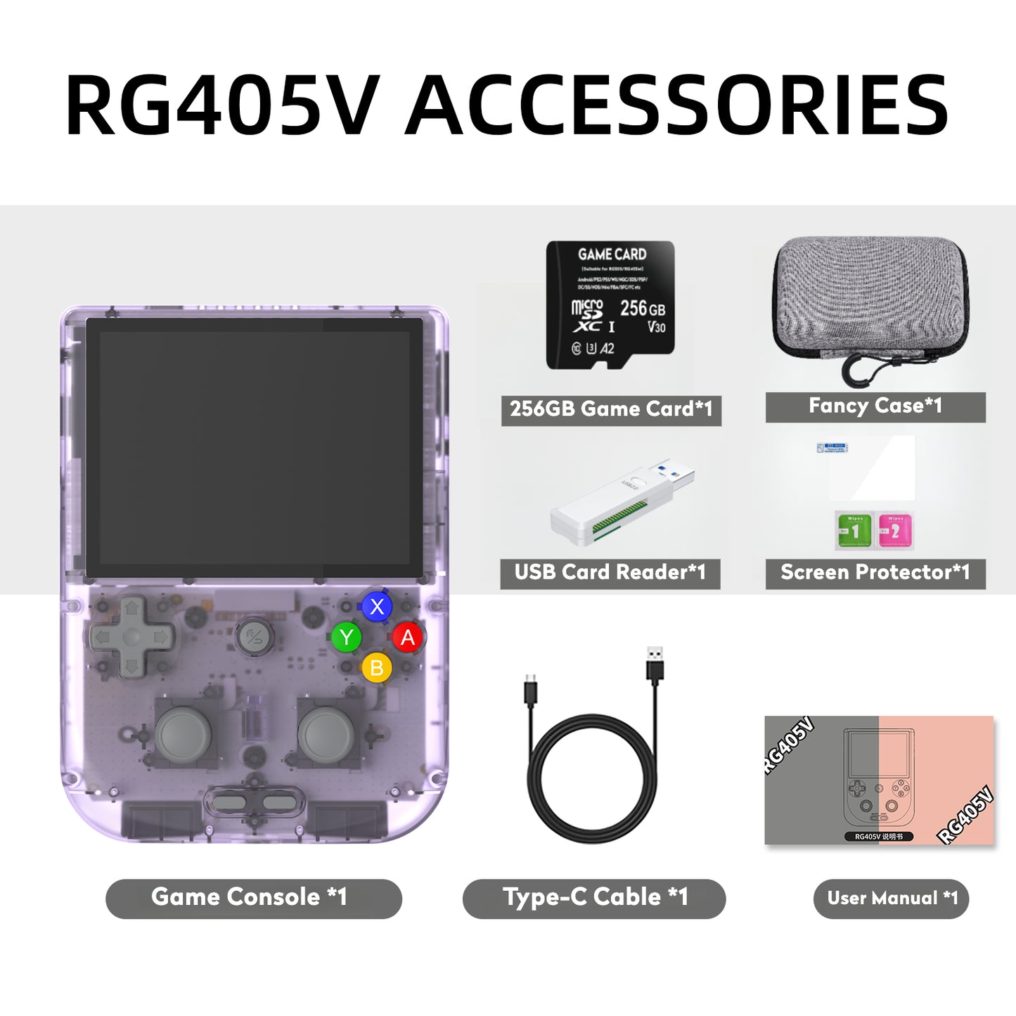 【Excellent Bundle】RG405V【Buy 1 Get 1Game Card(256G)+10 Customized Games+1 Card Reader+1 Fancy Case+1 Screen Protector+1 Type-C Cable】Handheld Game Console 4” IPS Touch Screen Android 12 T618 5500mAh 5G WiFi BT Heat Dissipation Over 22K Games 25 Emulators